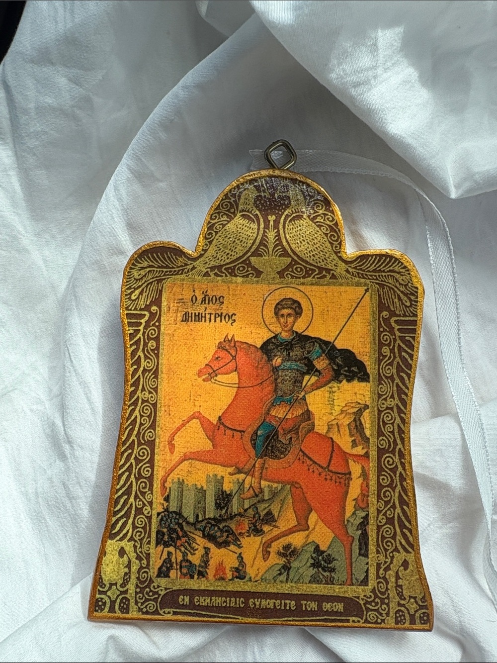 Religious Icon Plaque with Saint on Horseback - Gold & Orange